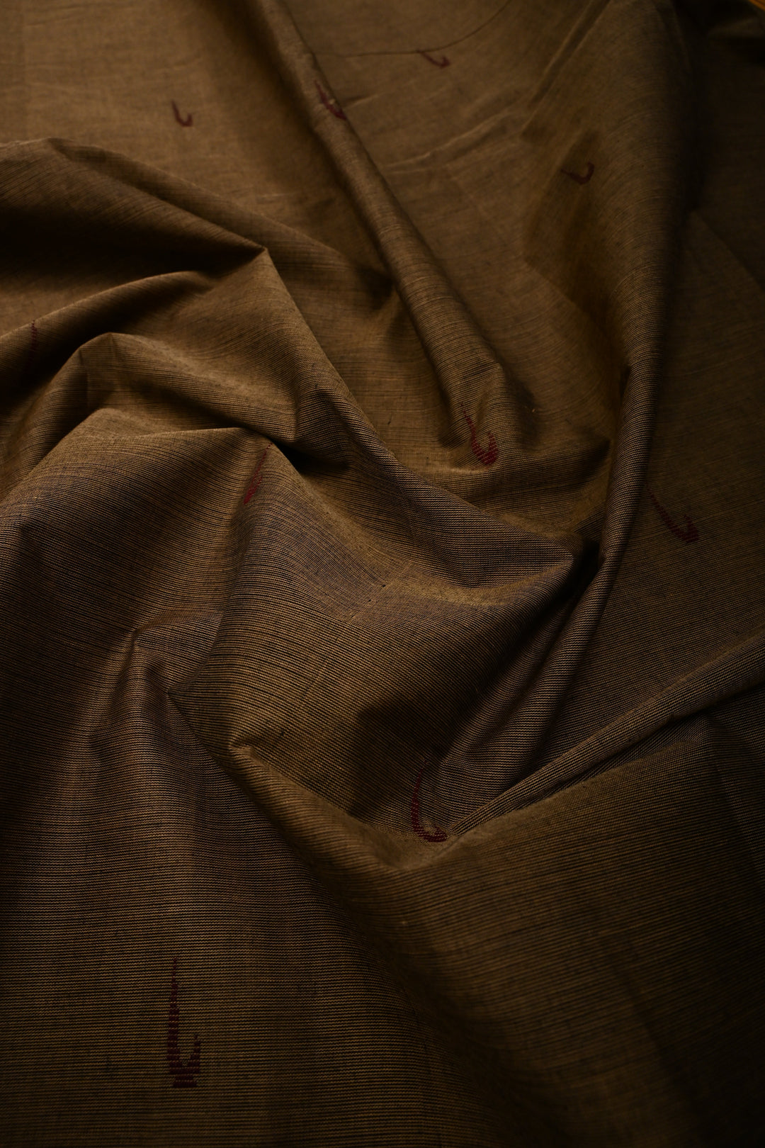 Khaki Kanchi Cotton Saree with Muniya Thread Buttas and Zari Borders | SHOBITAM