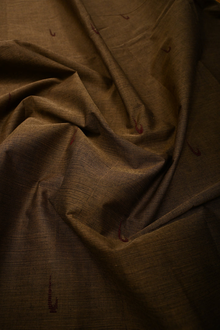 Khaki Kanchi Cotton Saree with Muniya Thread Buttas and Zari Borders | SHOBITAM