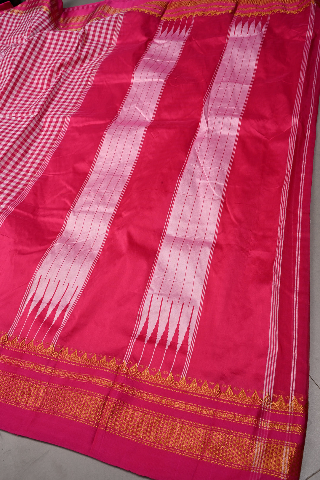 Pink and White Checks On Mercerized Cotton Bagalkote Saree with Zari Border | SHOBITAM