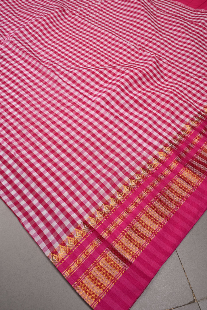 Pink and White Checks On Mercerized Cotton Bagalkote Saree with Zari Border | SHOBITAM