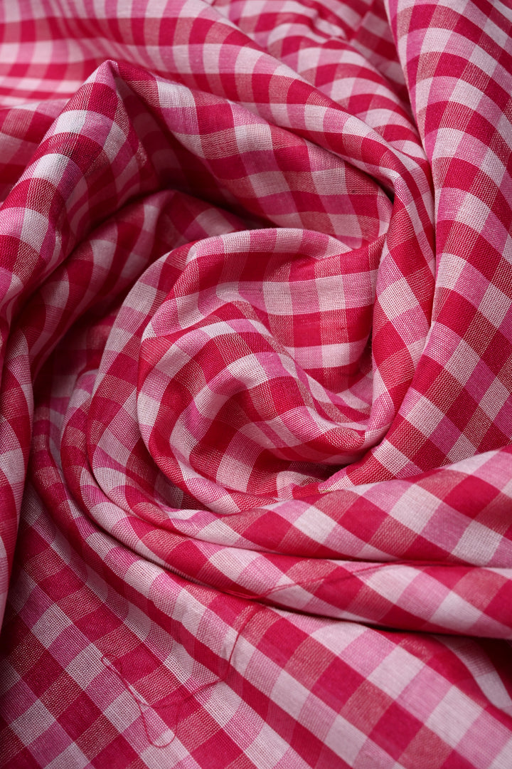 Pink and White Checks On Mercerized Cotton Bagalkote Saree with Zari Border | SHOBITAM