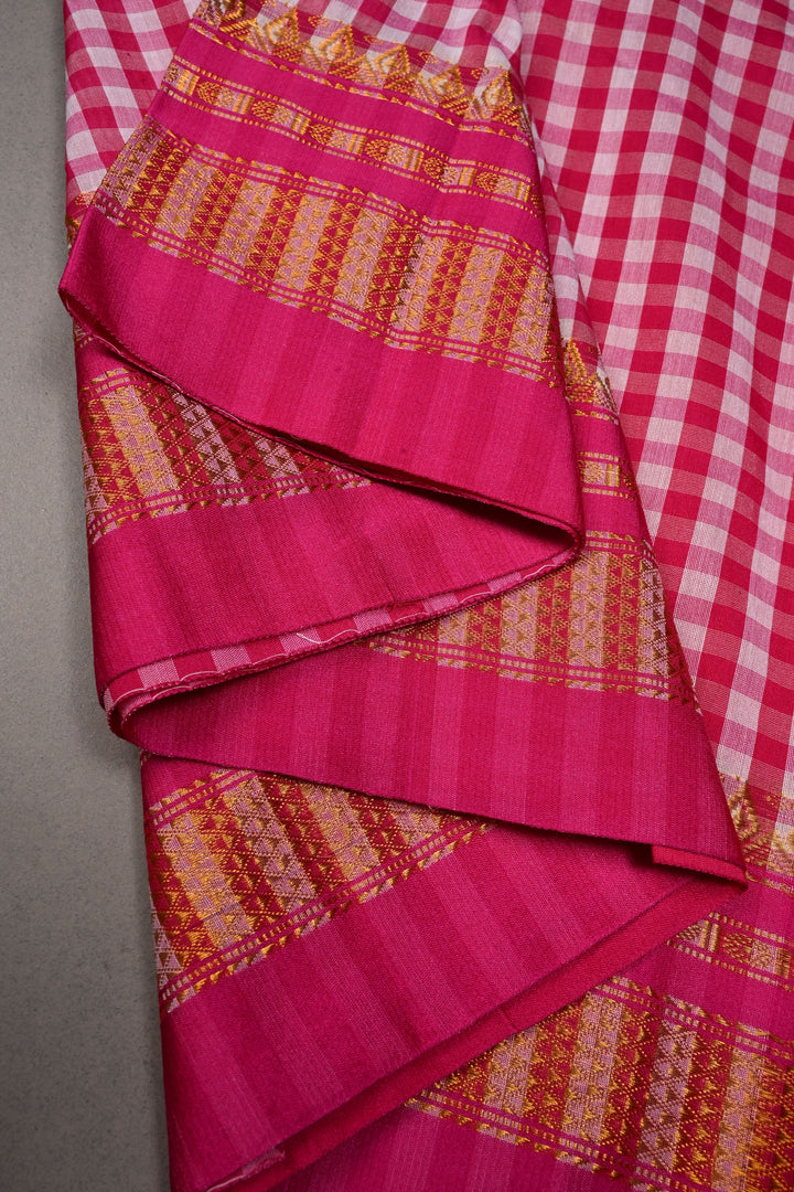 Pink and White Checks On Mercerized Cotton Bagalkote Saree with Zari Border | SHOBITAM