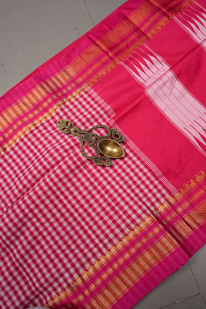 Pink and White Checks On Mercerized Cotton Bagalkote Saree with Zari Border | SHOBITAM