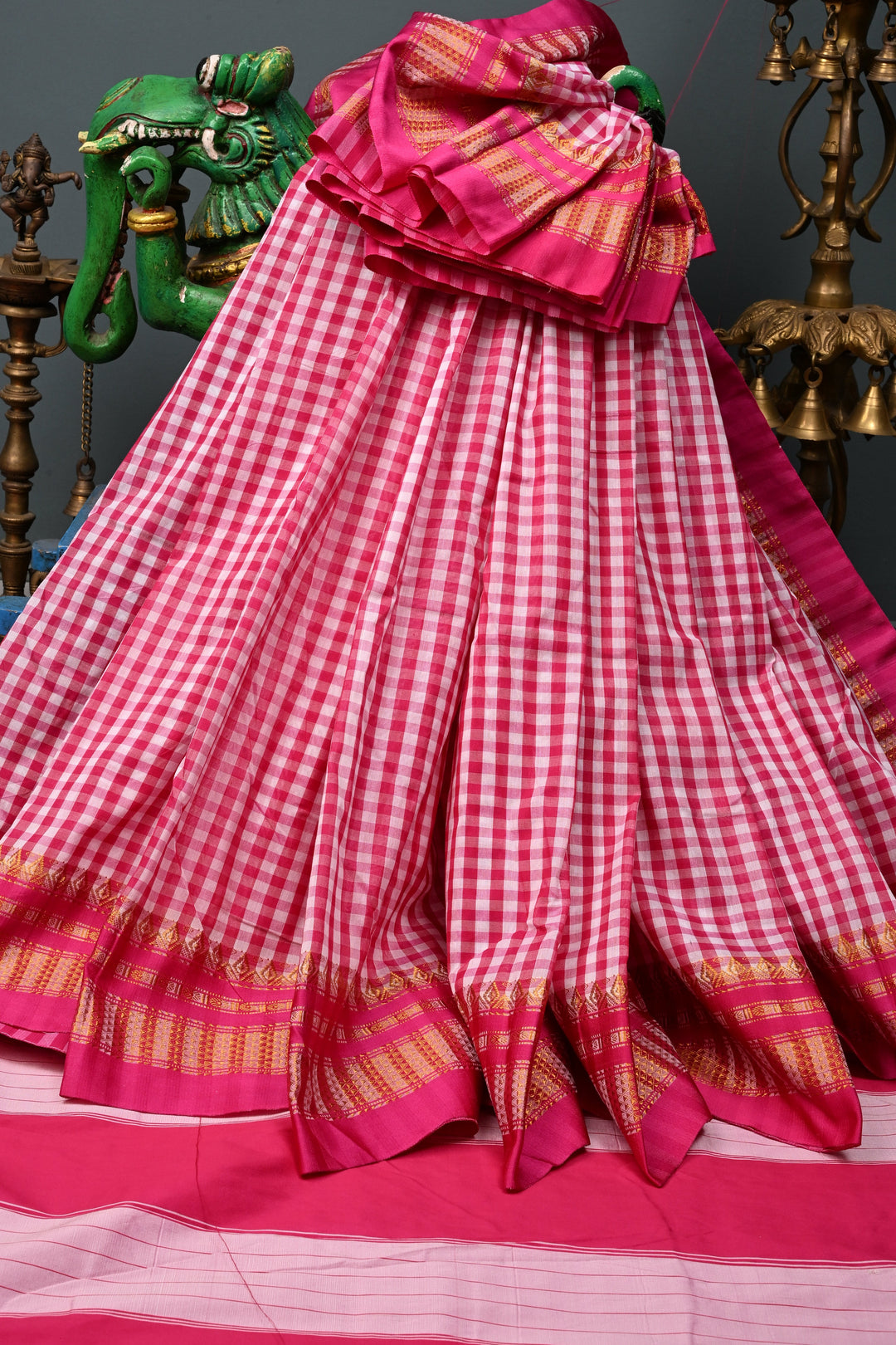 Pink and White Checks On Mercerized Cotton Bagalkote Saree with Zari Border | SHOBITAM