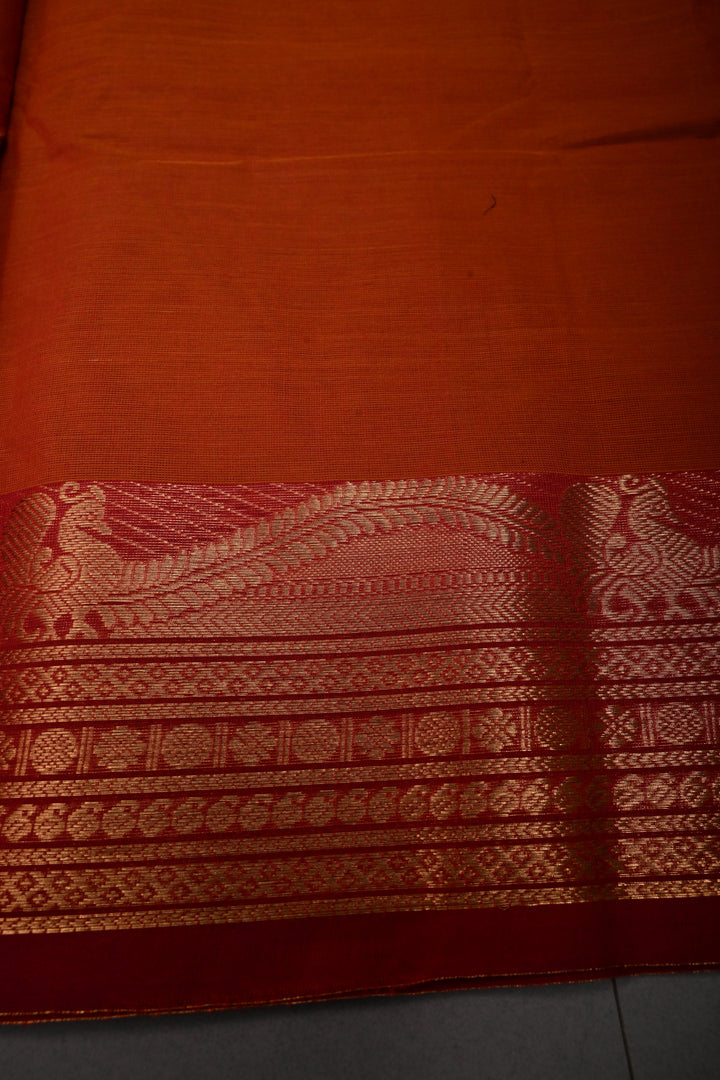 Rust Orange Kanchi Cotton Saree with Thread Buttas and Contrast Zari Borders | SHOBITAM
