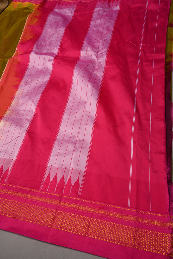 Olive Green Dual Tone Ilkal Weave Mercerized Bagalkote Cotton Saree with Temple Panel on Contrast Zari Border | SHOBITAM