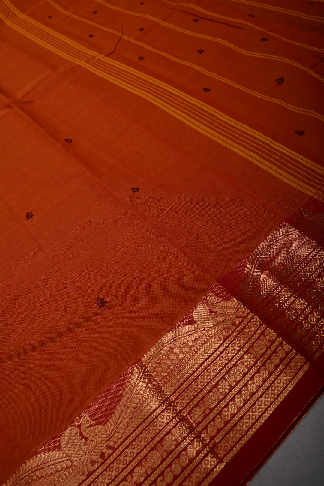 Rust Orange Kanchi Cotton Saree with Thread Buttas and Contrast Zari Borders | SHOBITAM
