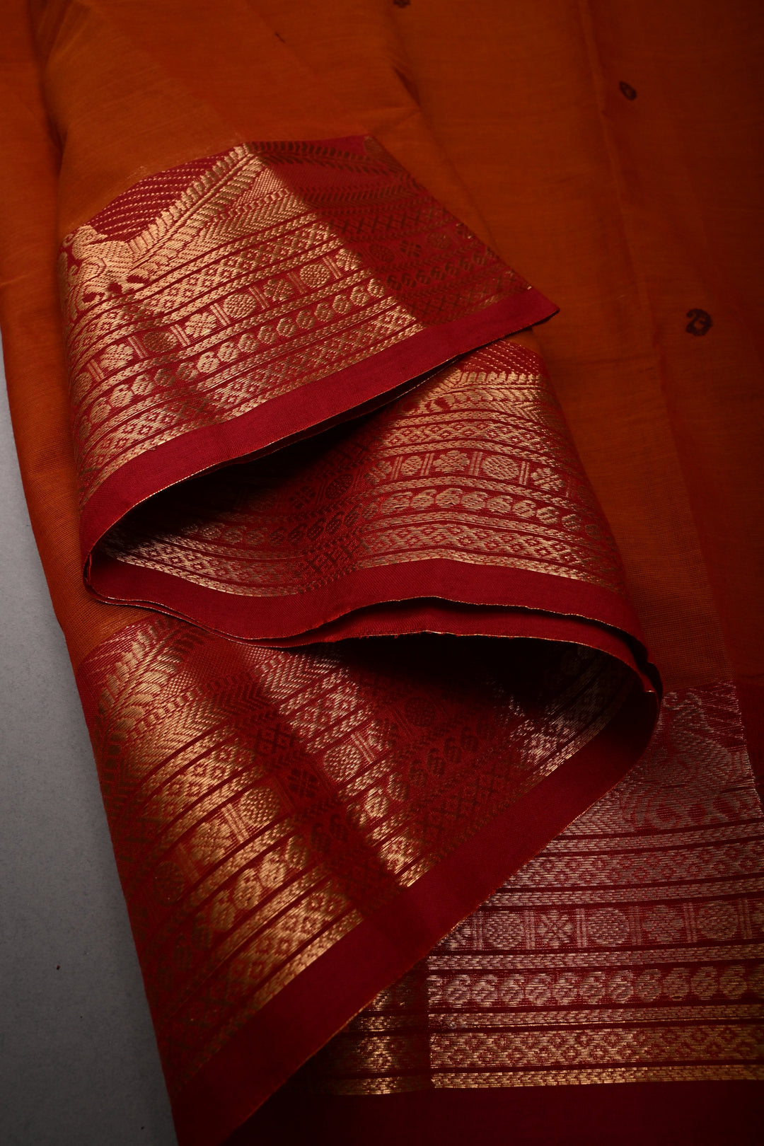 Rust Orange Kanchi Cotton Saree with Thread Buttas and Contrast Zari Borders | SHOBITAM