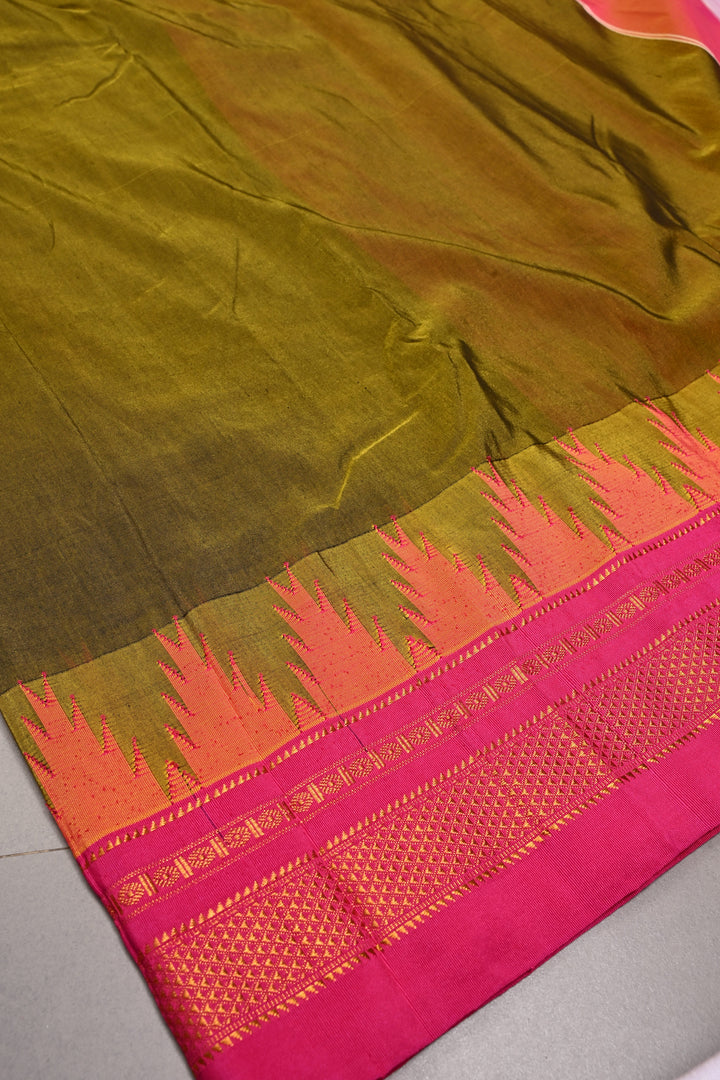 Olive Green Dual Tone Ilkal Weave Mercerized Bagalkote Cotton Saree with Temple Panel on Contrast Zari Border | SHOBITAM