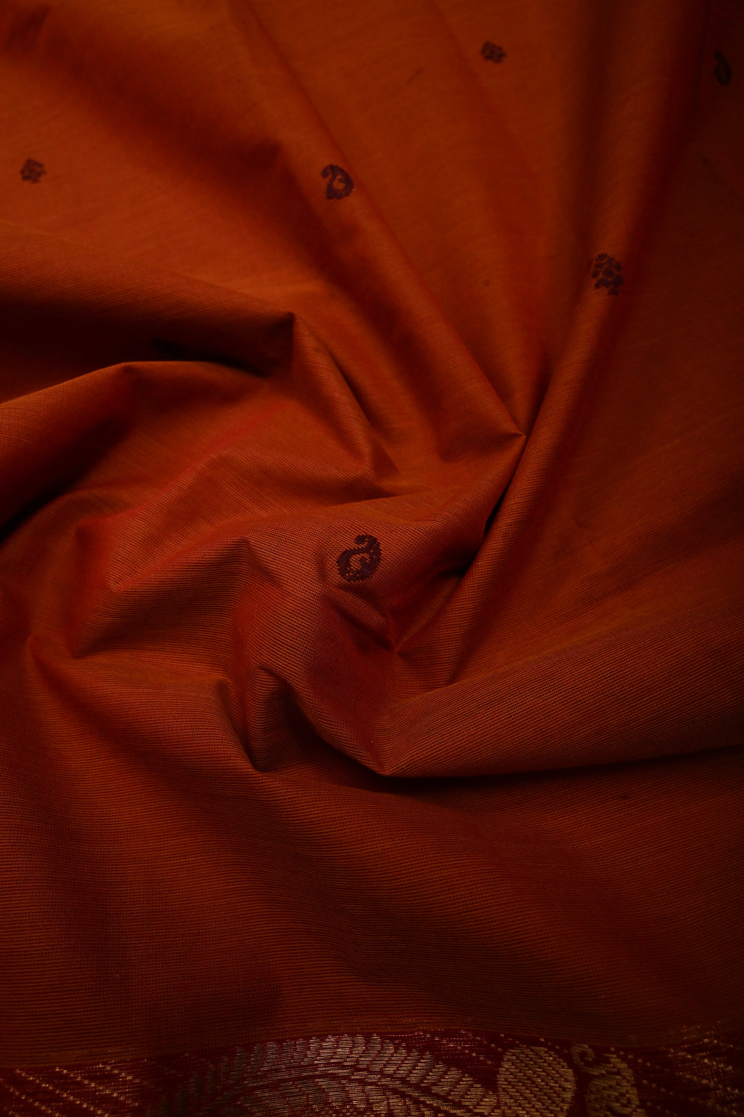 Rust Orange Kanchi Cotton Saree with Thread Buttas and Contrast Zari Borders | SHOBITAM