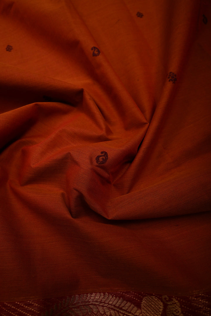 Rust Orange Kanchi Cotton Saree with Thread Buttas and Contrast Zari Borders | SHOBITAM