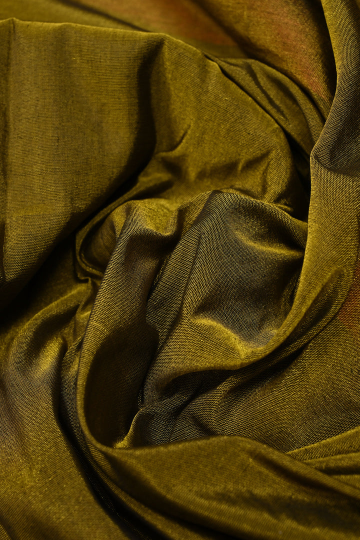 Olive Green Dual Tone Ilkal Weave Mercerized Bagalkote Cotton Saree with Temple Panel on Contrast Zari Border | SHOBITAM