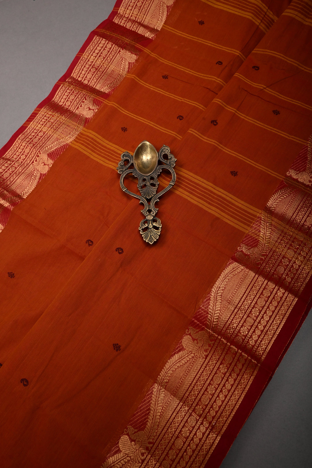 Rust Orange Kanchi Cotton Saree with Thread Buttas and Contrast Zari Borders | SHOBITAM