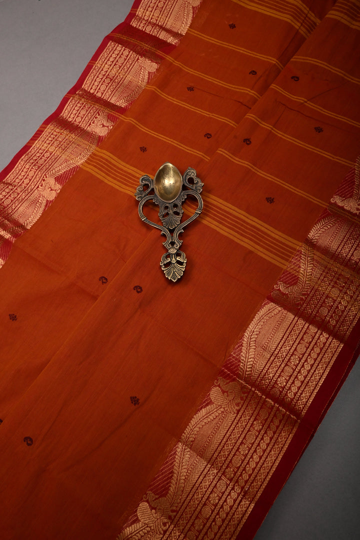 Rust Orange Kanchi Cotton Saree with Thread Buttas and Contrast Zari Borders | SHOBITAM