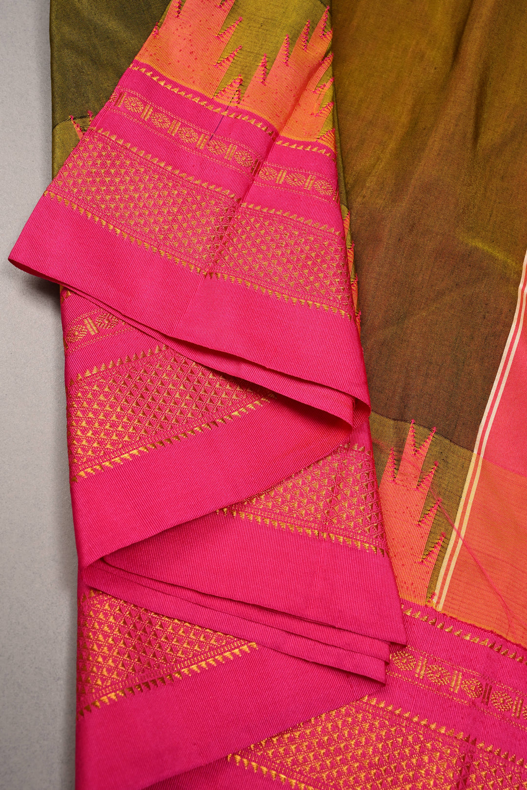 Olive Green Dual Tone Ilkal Weave Mercerized Bagalkote Cotton Saree with Temple Panel on Contrast Zari Border | SHOBITAM