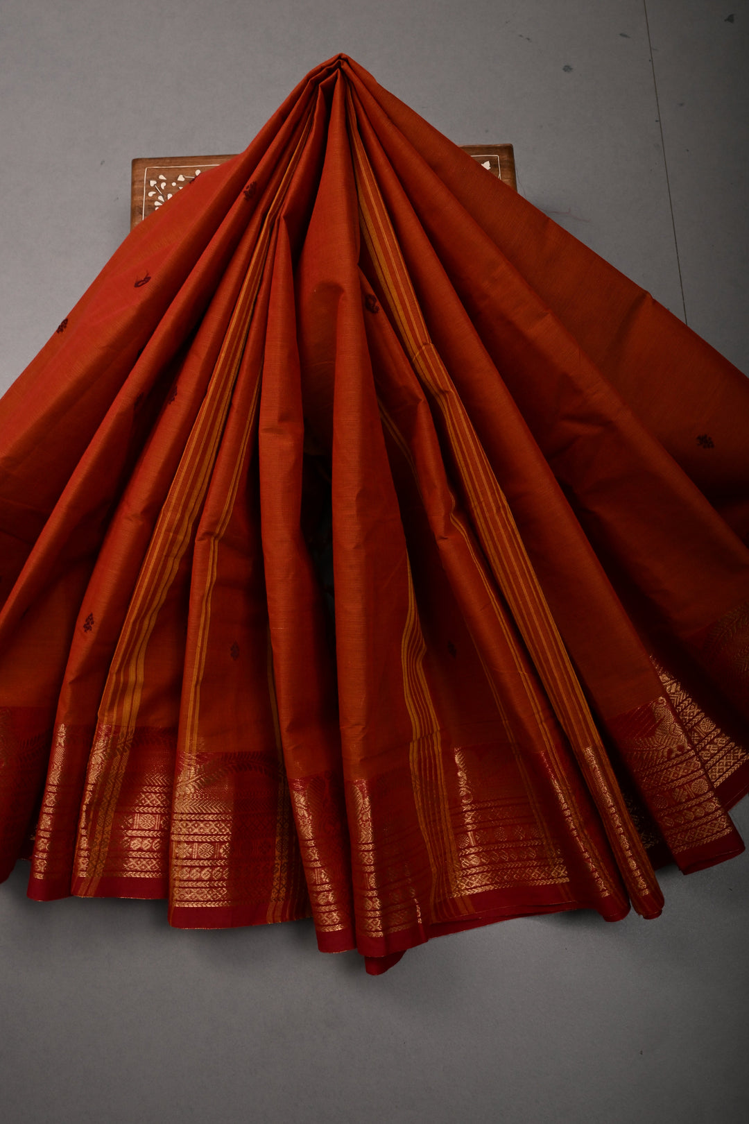 Rust Orange Kanchi Cotton Saree with Thread Buttas and Contrast Zari Borders | SHOBITAM