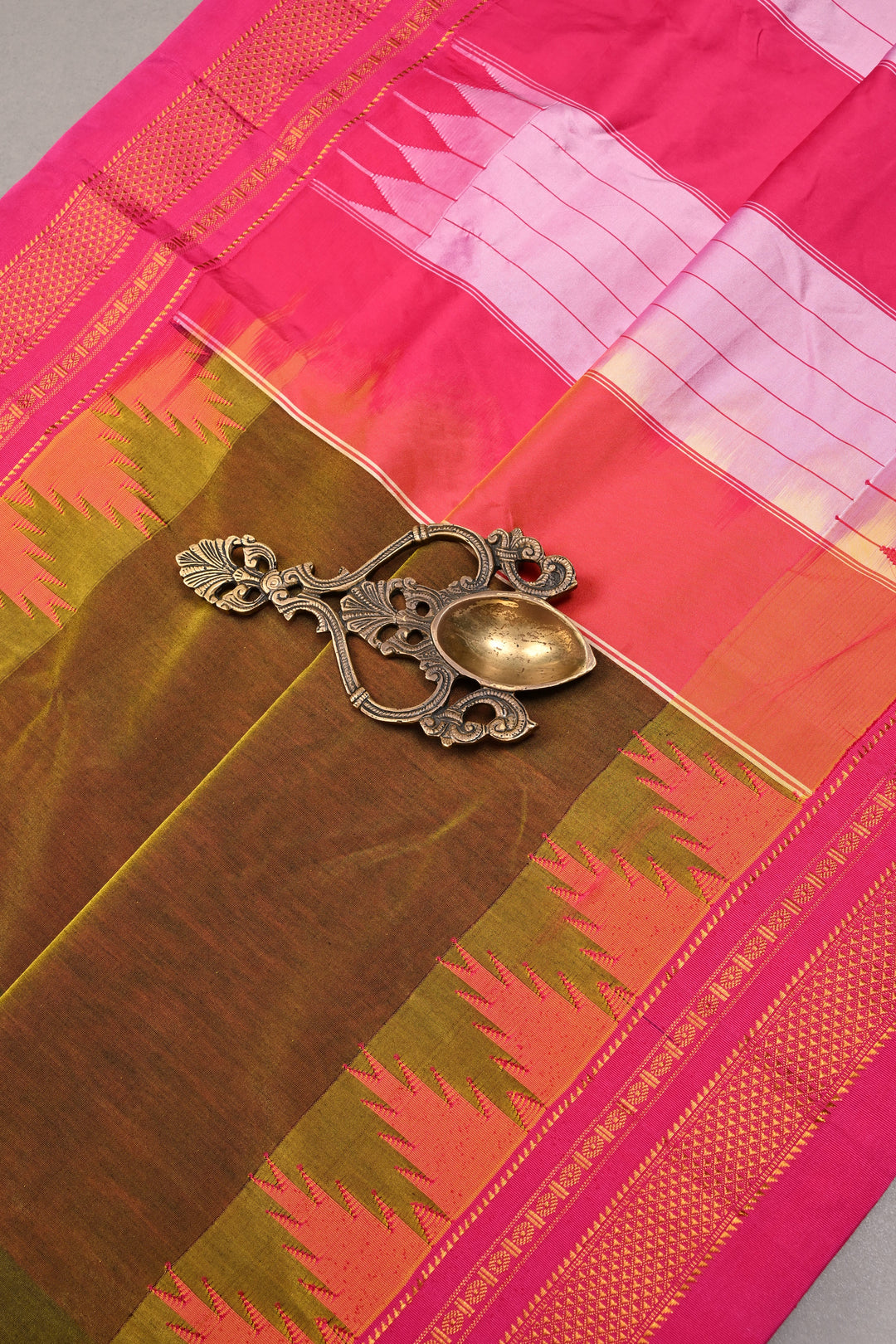 Olive Green Dual Tone Ilkal Weave Mercerized Bagalkote Cotton Saree with Temple Panel on Contrast Zari Border | SHOBITAM
