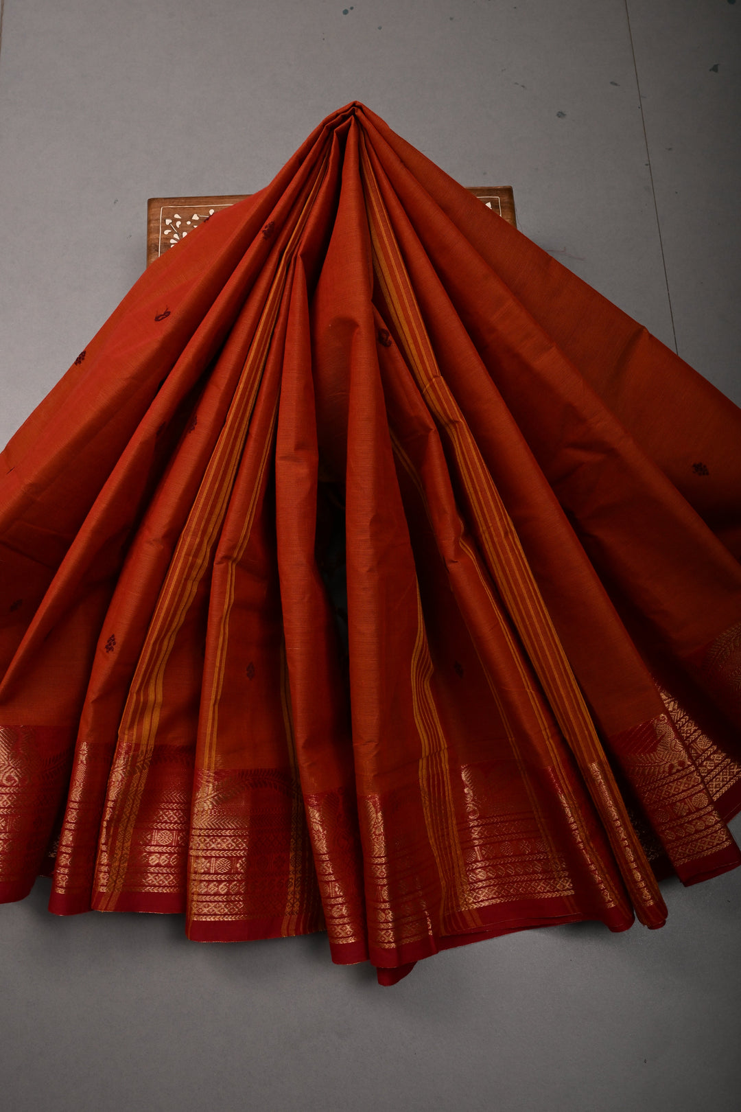 Rust Orange Kanchi Cotton Saree with Thread Buttas and Contrast Zari Borders | SHOBITAM