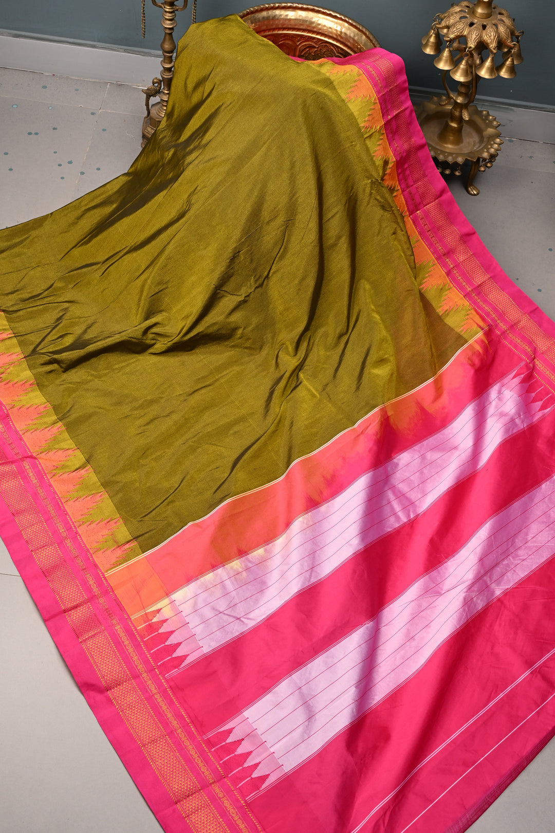 Olive Green Dual Tone Ilkal Weave Mercerized Bagalkote Cotton Saree with Temple Panel on Contrast Zari Border | SHOBITAM