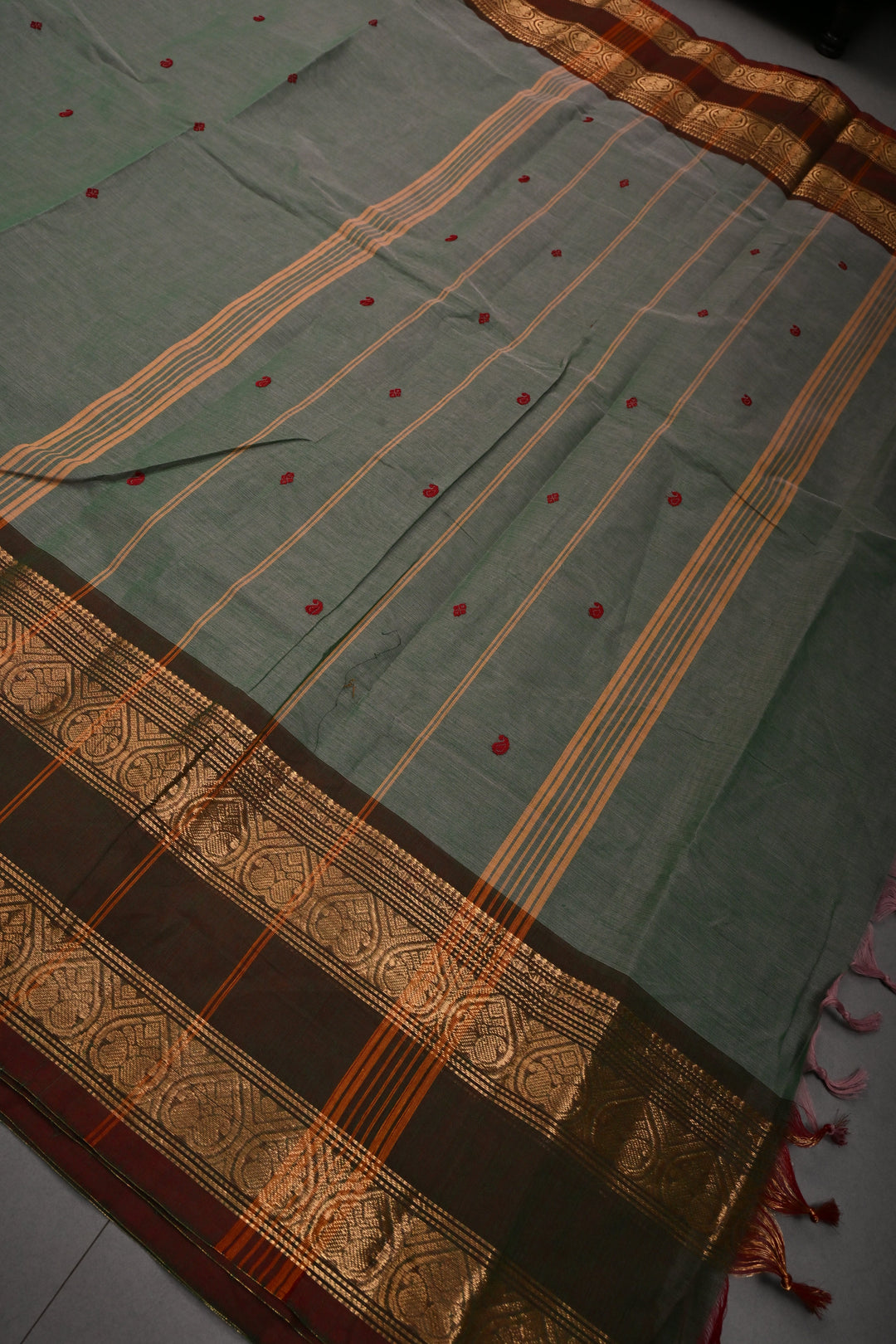 Gray-Green Dual Tone Kanchi Cotton Saree with Thread Buttas and Contrast Zari Borders | SHOBITAM