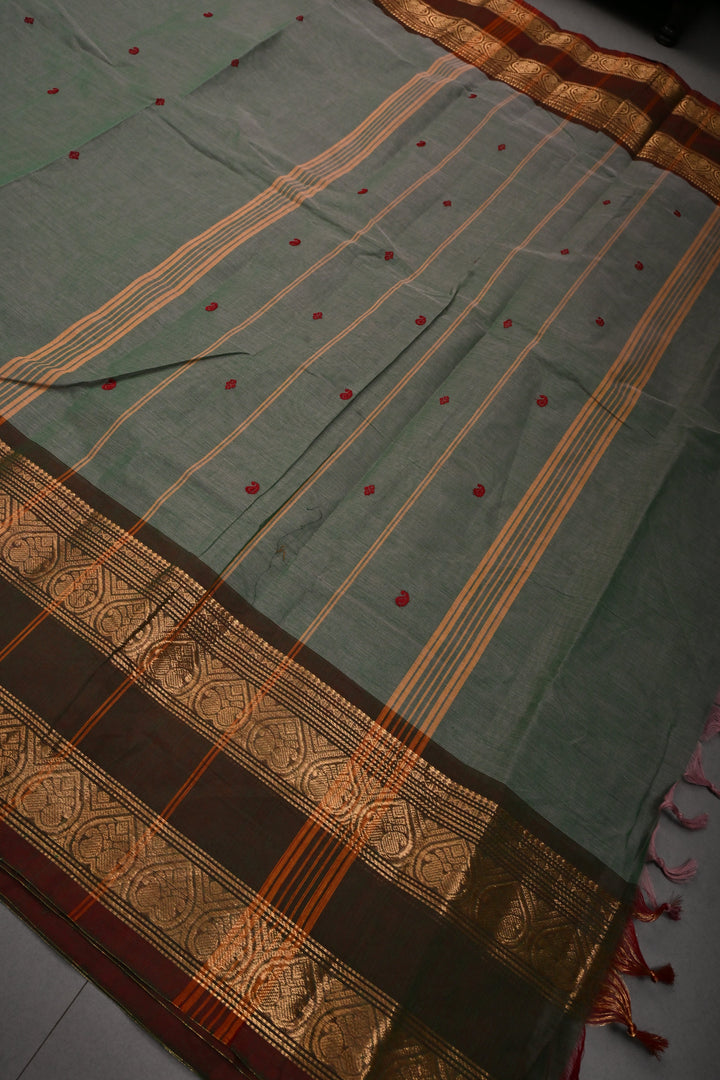 Gray-Green Dual Tone Kanchi Cotton Saree with Thread Buttas and Contrast Zari Borders | SHOBITAM