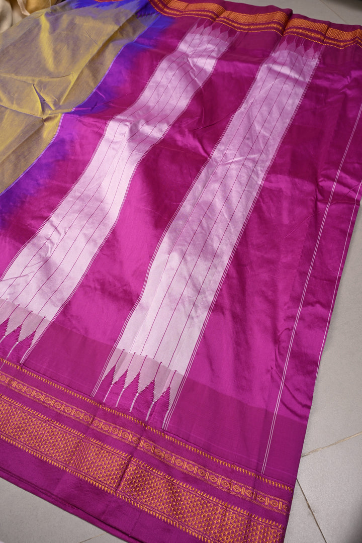 Green-Purple Dual Tone Ilkal Weave Mercerized Bagalkote Cotton Saree with Temple Panel on Contrast Zari Border | SHOBITAM