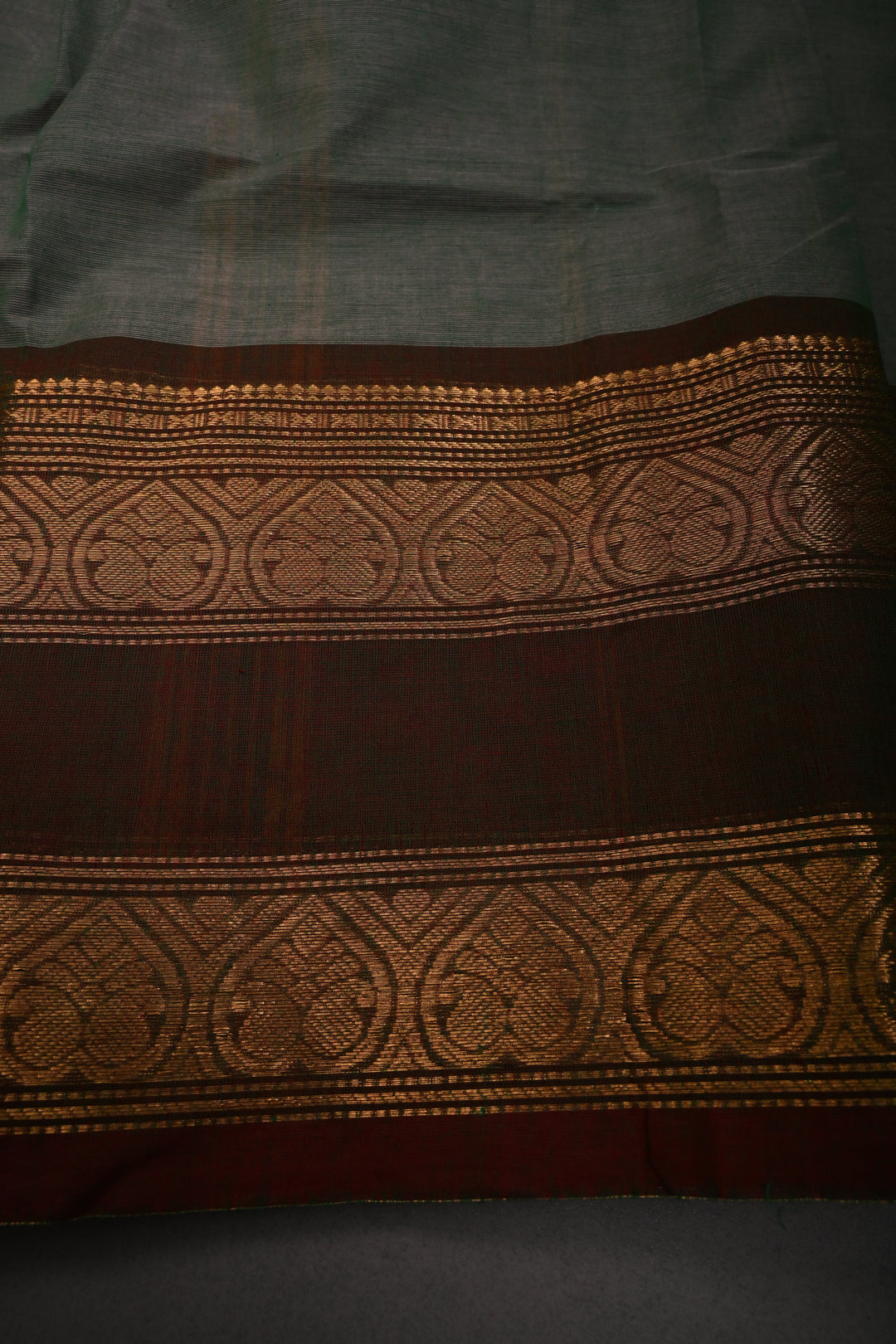 Gray-Green Dual Tone Kanchi Cotton Saree with Thread Buttas and Contrast Zari Borders | SHOBITAM