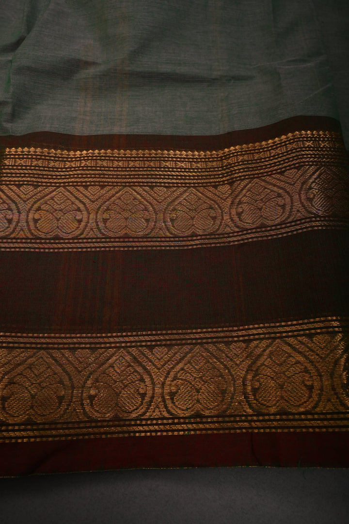 Gray-Green Dual Tone Kanchi Cotton Saree with Thread Buttas and Contrast Zari Borders | SHOBITAM