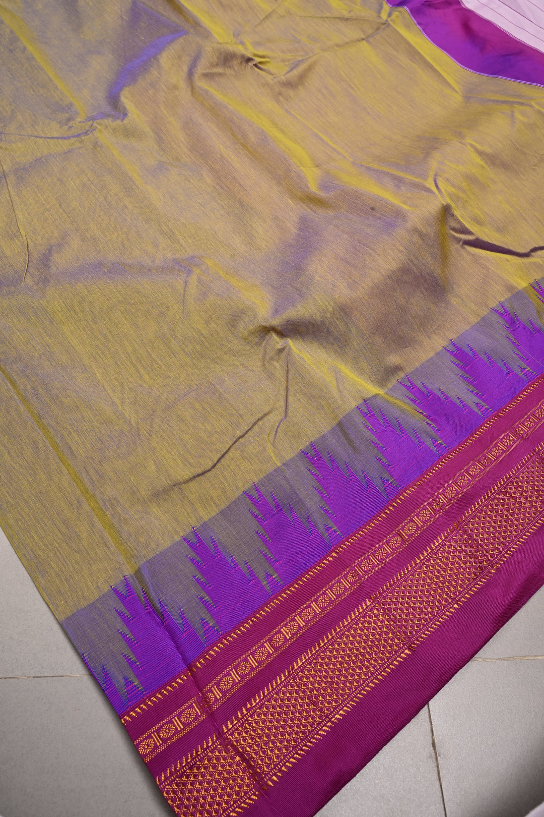 Green-Purple Dual Tone Ilkal Weave Mercerized Bagalkote Cotton Saree with Temple Panel on Contrast Zari Border | SHOBITAM