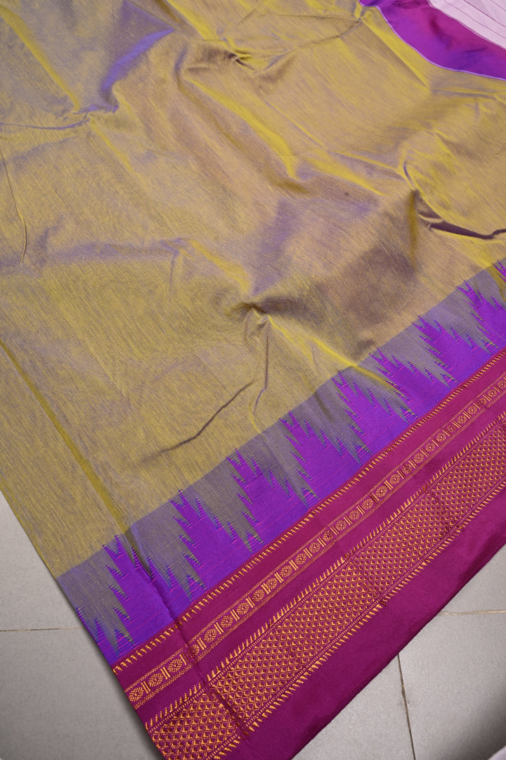 Green-Purple Dual Tone Ilkal Weave Mercerized Bagalkote Cotton Saree with Temple Panel on Contrast Zari Border | SHOBITAM