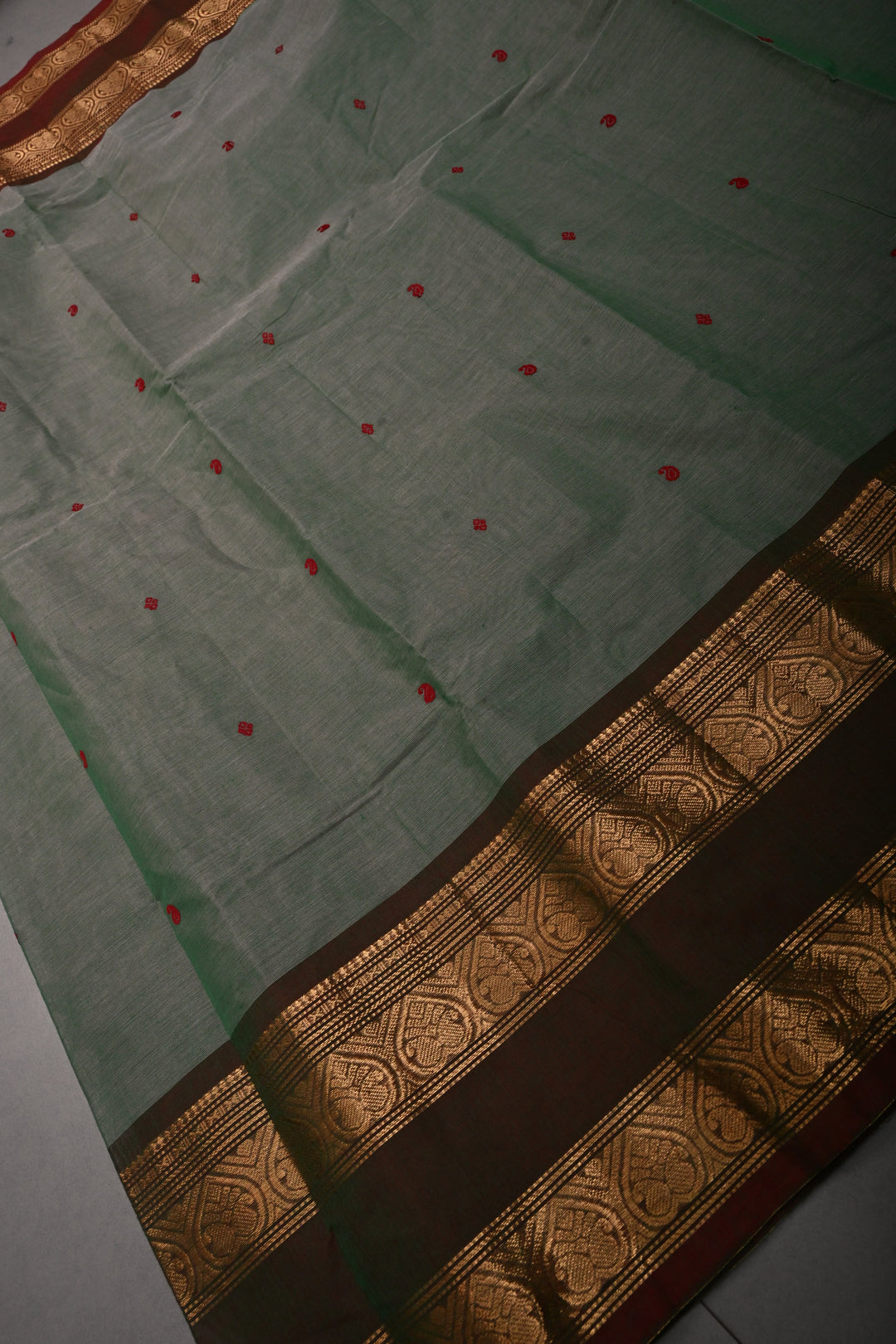 Gray-Green Dual Tone Kanchi Cotton Saree with Thread Buttas and Contrast Zari Borders | SHOBITAM
