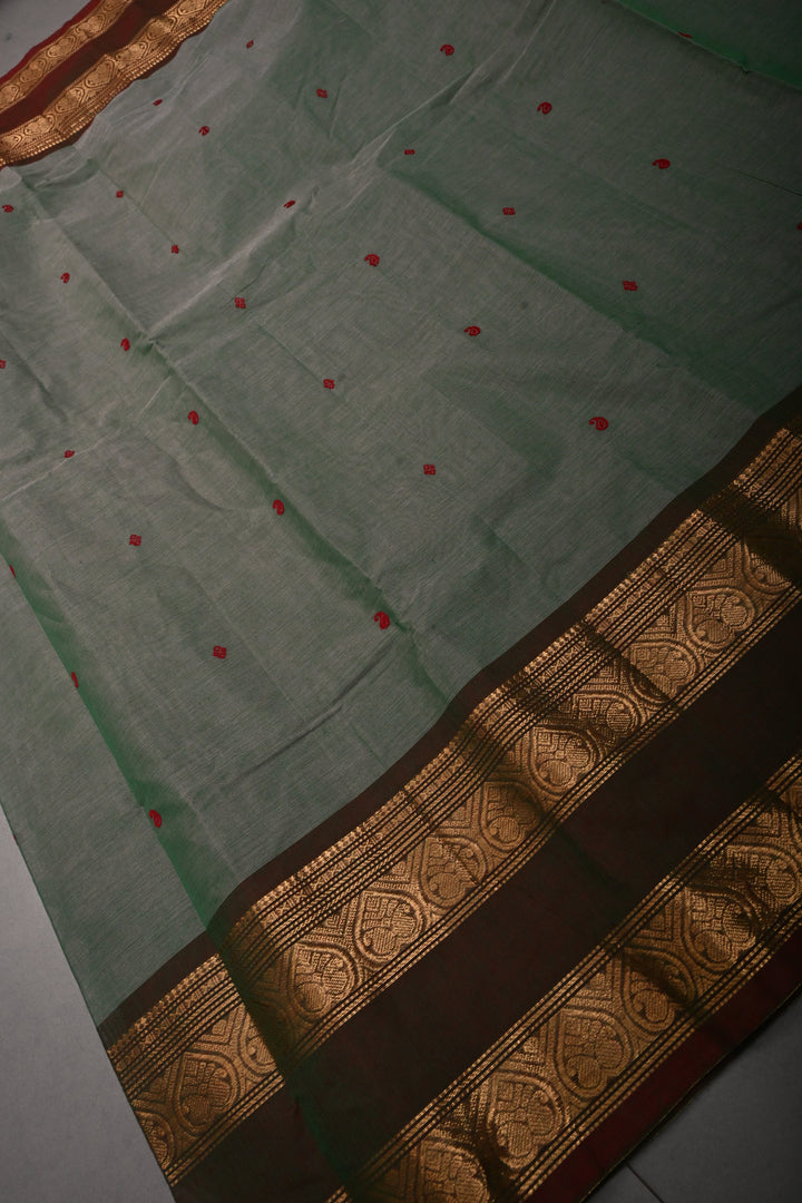 Gray-Green Dual Tone Kanchi Cotton Saree with Thread Buttas and Contrast Zari Borders | SHOBITAM