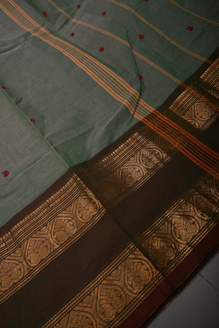 Gray-Green Dual Tone Kanchi Cotton Saree with Thread Buttas and Contrast Zari Borders | SHOBITAM