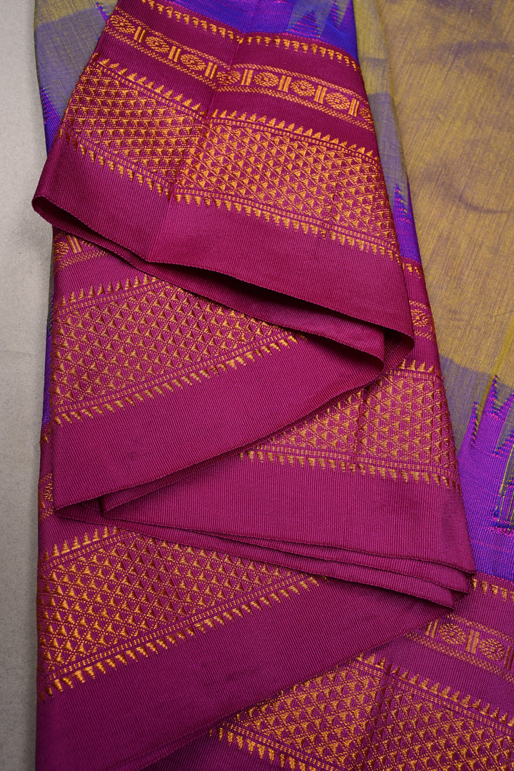 Green-Purple Dual Tone Ilkal Weave Mercerized Bagalkote Cotton Saree with Temple Panel on Contrast Zari Border | SHOBITAM
