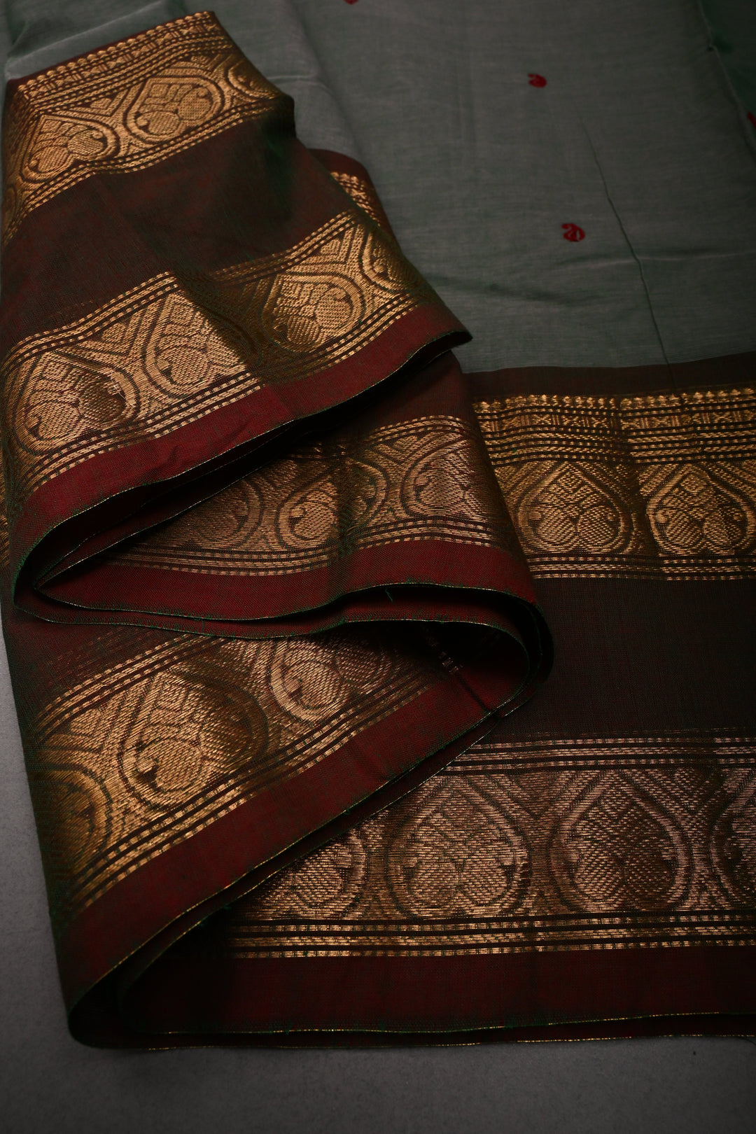 Gray-Green Dual Tone Kanchi Cotton Saree with Thread Buttas and Contrast Zari Borders | SHOBITAM