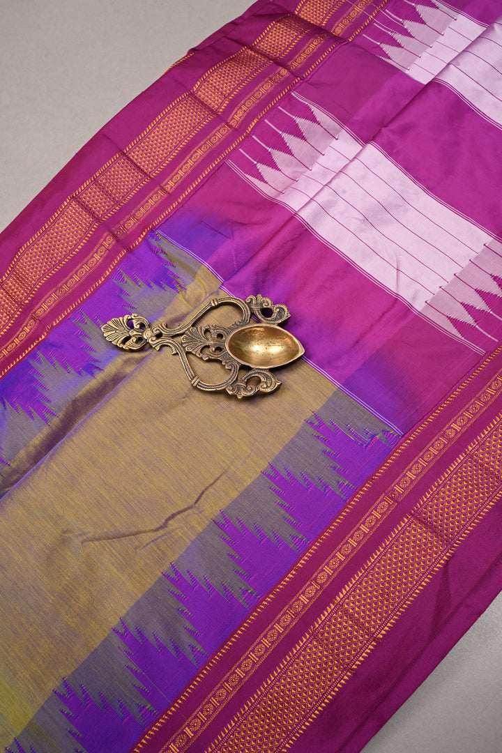 Green-Purple Dual Tone Ilkal Weave Mercerized Bagalkote Cotton Saree with Temple Panel on Contrast Zari Border | SHOBITAM