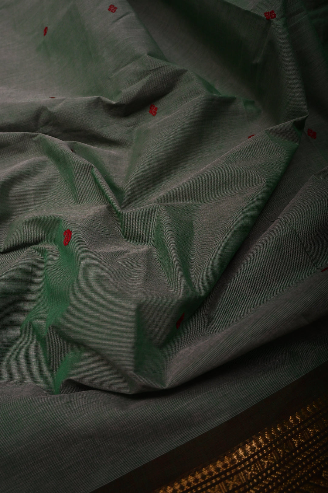Gray-Green Dual Tone Kanchi Cotton Saree with Thread Buttas and Contrast Zari Borders | SHOBITAM