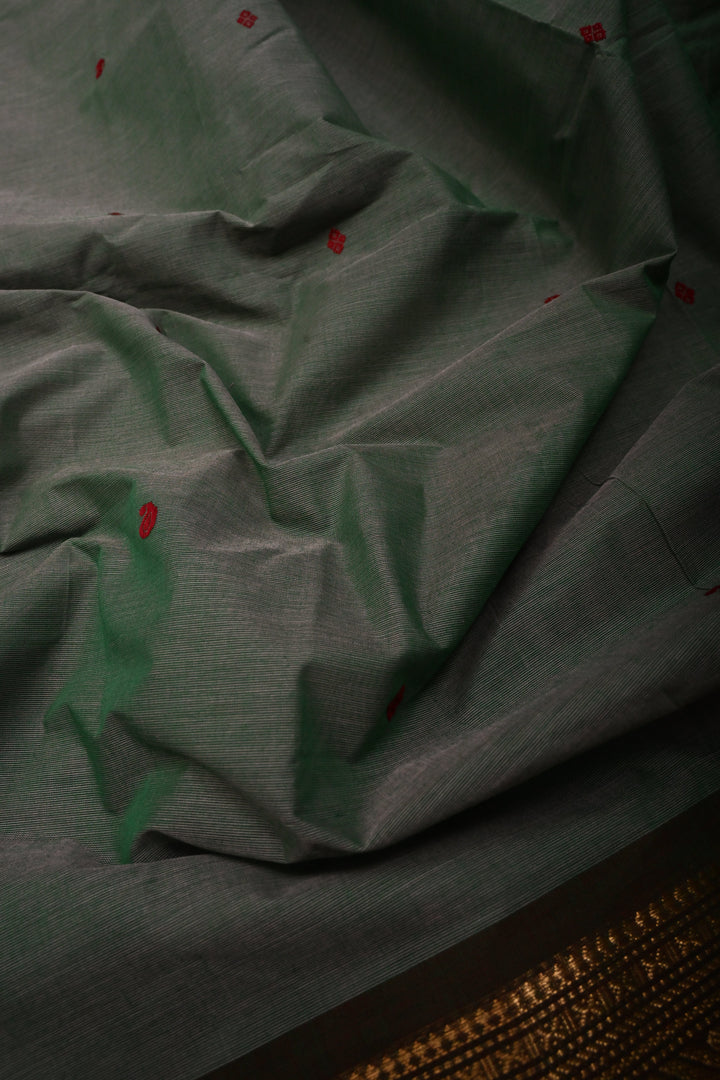 Gray-Green Dual Tone Kanchi Cotton Saree with Thread Buttas and Contrast Zari Borders | SHOBITAM