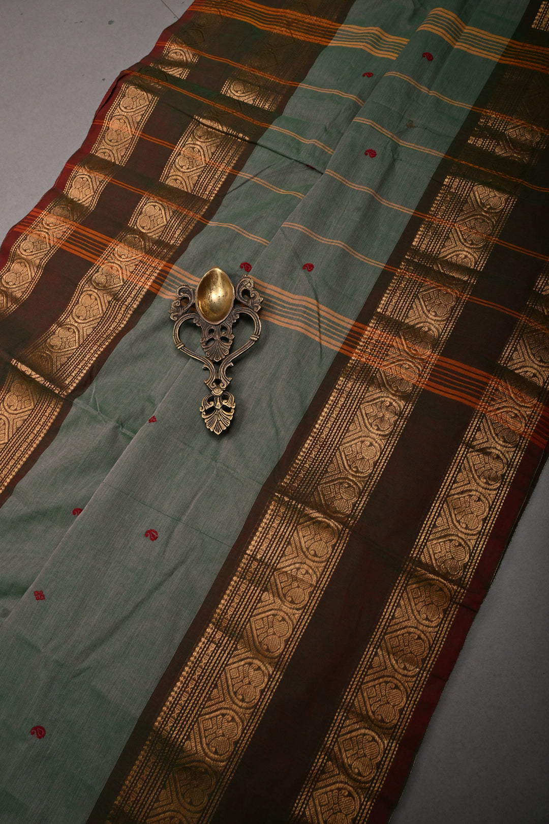 Gray-Green Dual Tone Kanchi Cotton Saree with Thread Buttas and Contrast Zari Borders | SHOBITAM