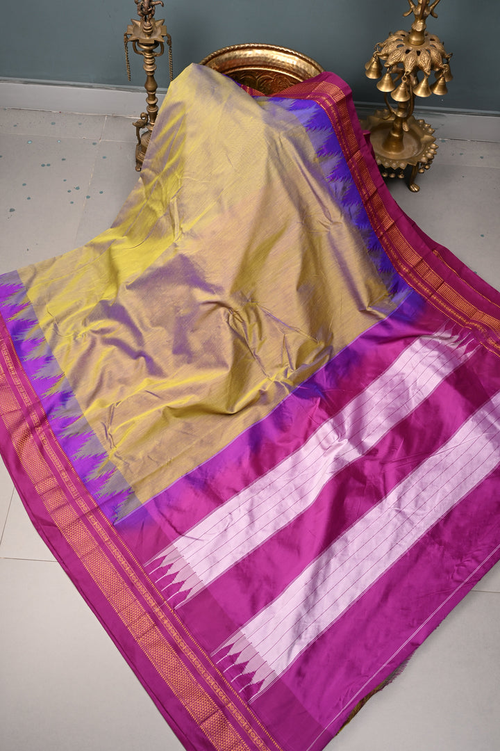 Green-Purple Dual Tone Ilkal Weave Mercerized Bagalkote Cotton Saree with Temple Panel on Contrast Zari Border | SHOBITAM