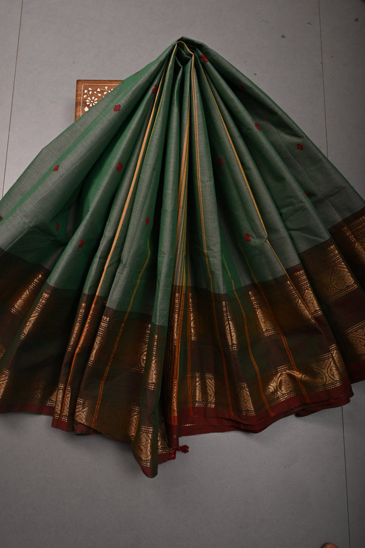 Gray-Green Dual Tone Kanchi Cotton Saree with Thread Buttas and Contrast Zari Borders | SHOBITAM