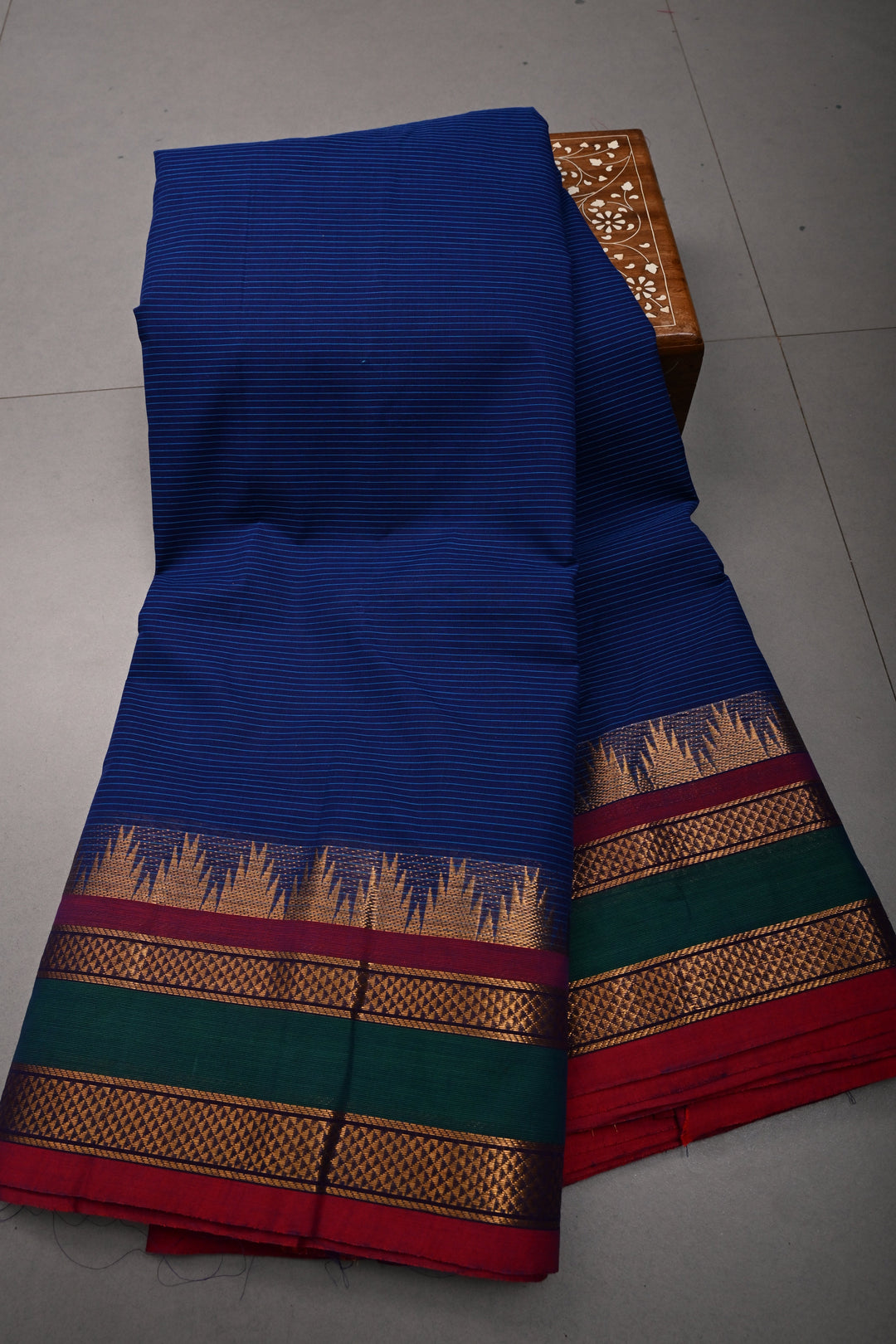 Ink Blue Kanchi Cotton Saree with Stripes Pattern and Contrast Zari Borders | SHOBITAM