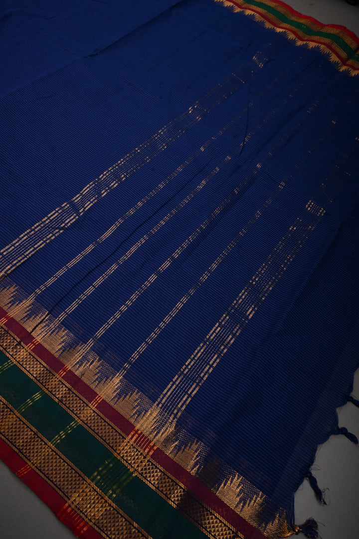 Ink Blue Kanchi Cotton Saree with Stripes Pattern and Contrast Zari Borders | SHOBITAM