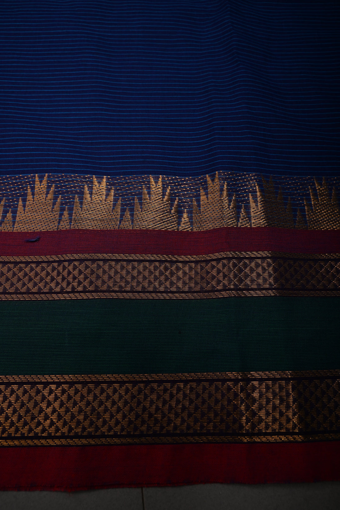 Ink Blue Kanchi Cotton Saree with Stripes Pattern and Contrast Zari Borders | SHOBITAM