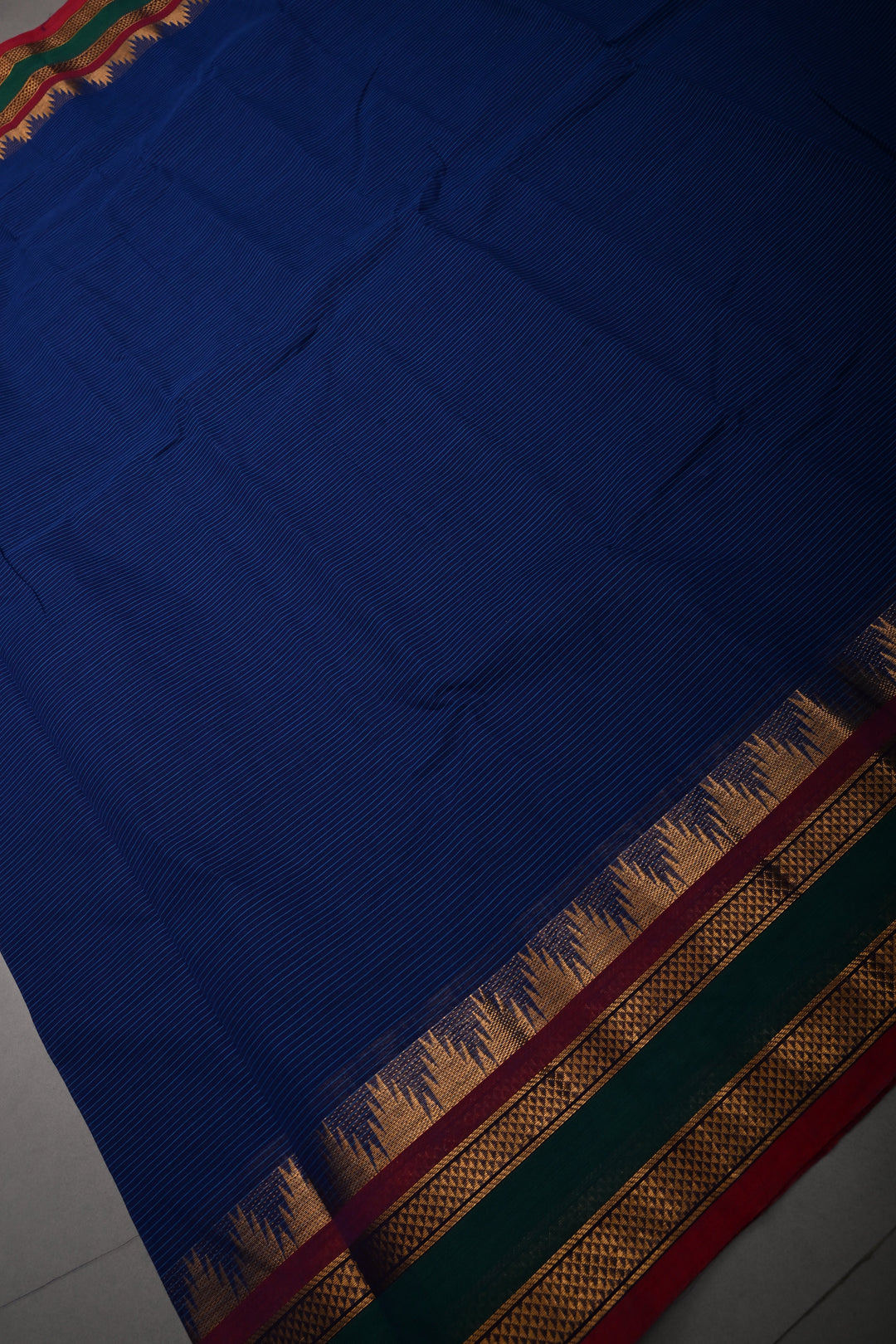 Ink Blue Kanchi Cotton Saree with Stripes Pattern and Contrast Zari Borders | SHOBITAM