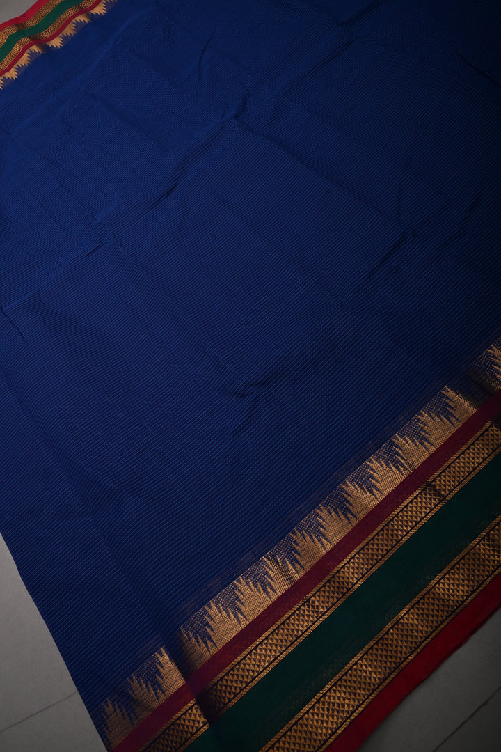 Ink Blue Kanchi Cotton Saree with Stripes Pattern and Contrast Zari Borders | SHOBITAM