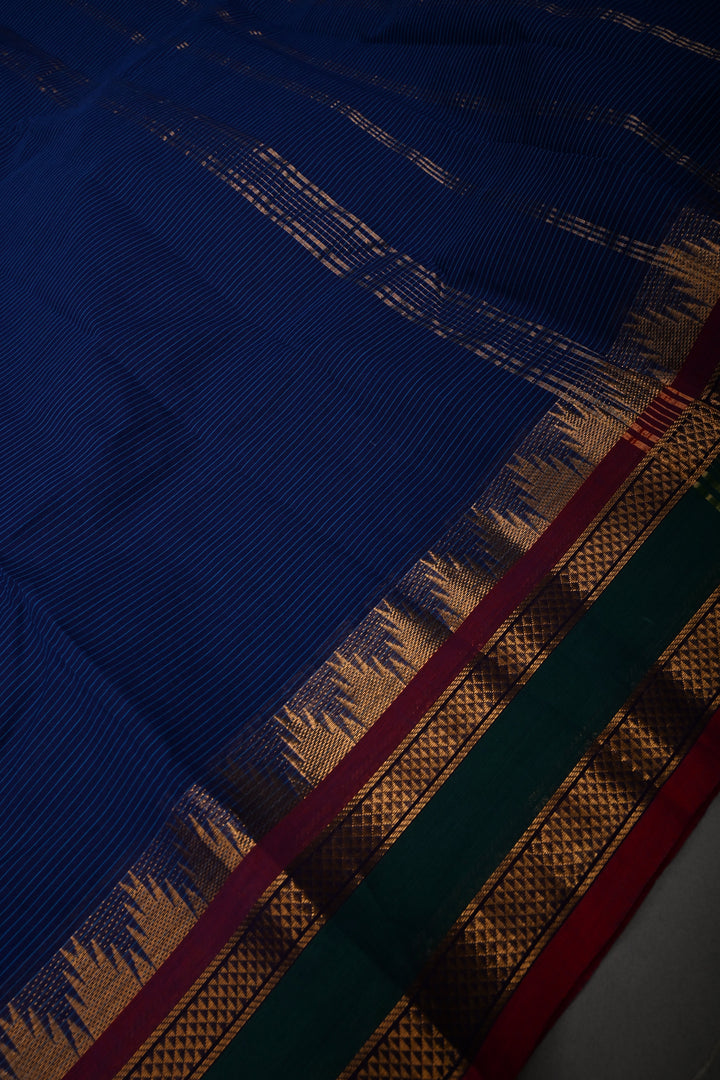 Ink Blue Kanchi Cotton Saree with Stripes Pattern and Contrast Zari Borders | SHOBITAM