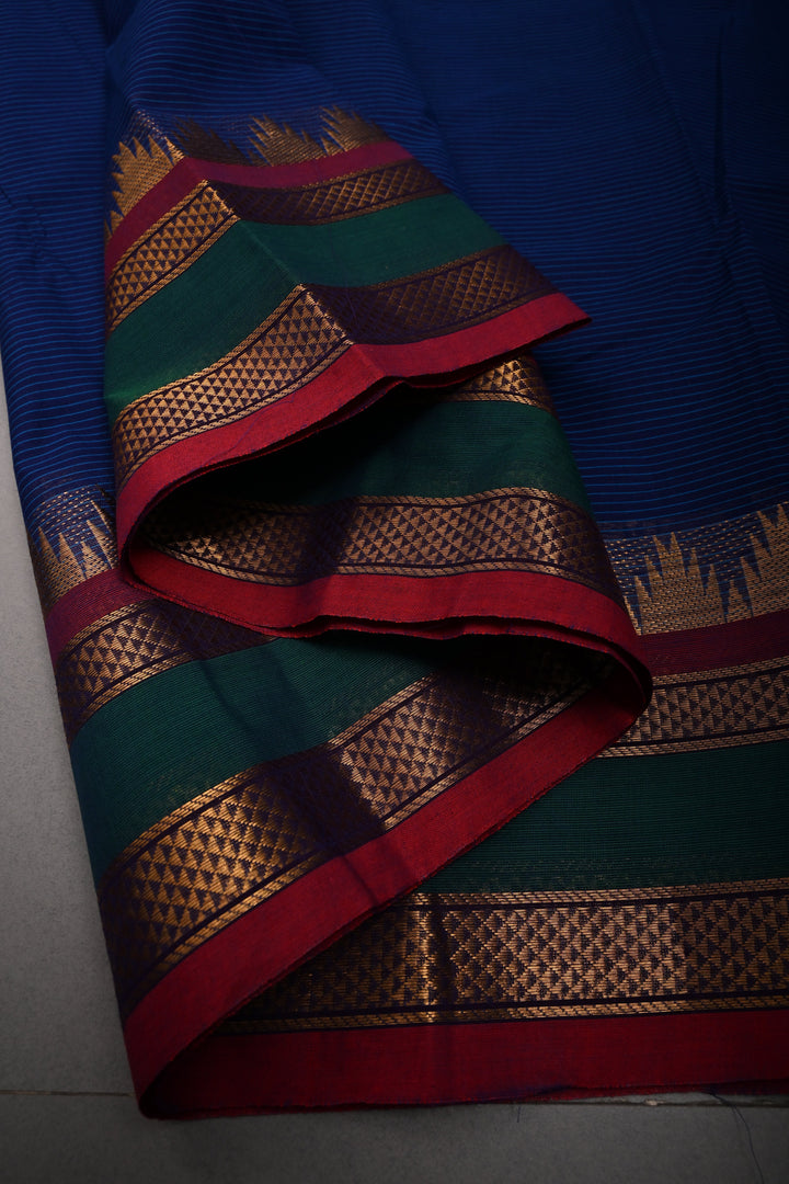 Ink Blue Kanchi Cotton Saree with Stripes Pattern and Contrast Zari Borders | SHOBITAM