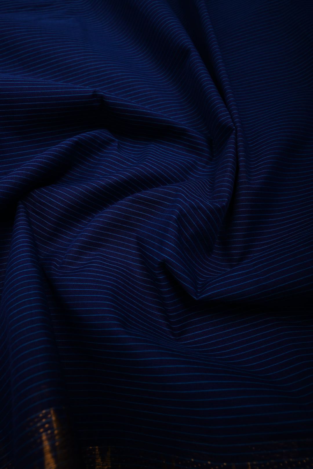 Ink Blue Kanchi Cotton Saree with Stripes Pattern and Contrast Zari Borders | SHOBITAM