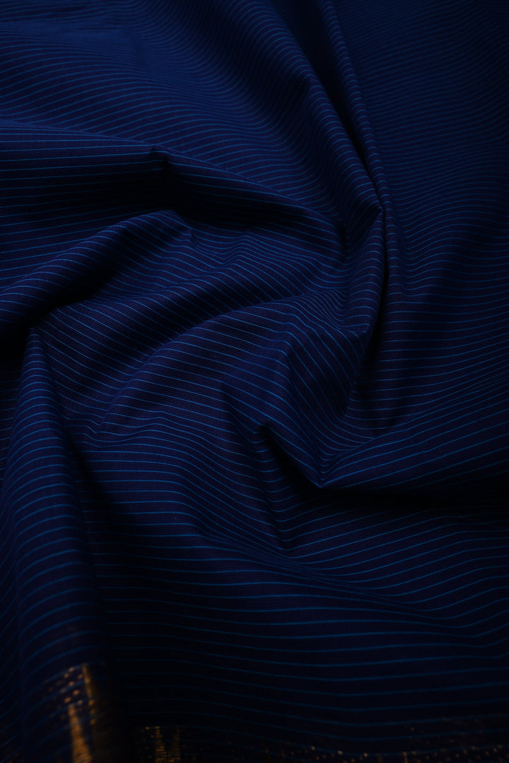Ink Blue Kanchi Cotton Saree with Stripes Pattern and Contrast Zari Borders | SHOBITAM